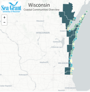 map of Wisconsin with communities along Lake Michigan highlighted in greens and blues to show areas involved in new resilience program. 