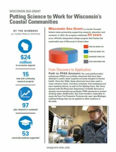 Document with icons and figures on the left and a pie chart on the with a photo of a woman wearing safety goggles in a lab.