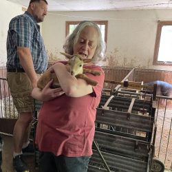 Linda Campbell holding baby goat