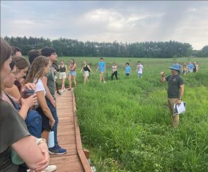 Large group of people in a grassy area. 