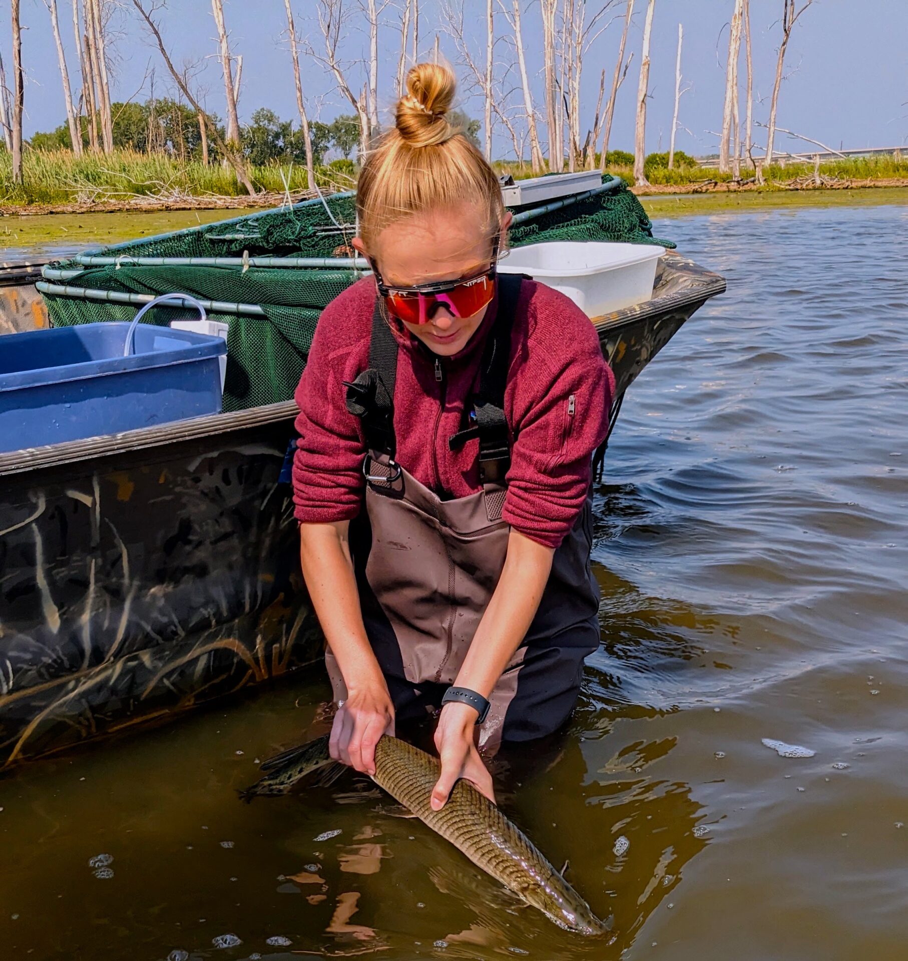 Isabelle Haverkampf in waders releases a fish into the water.