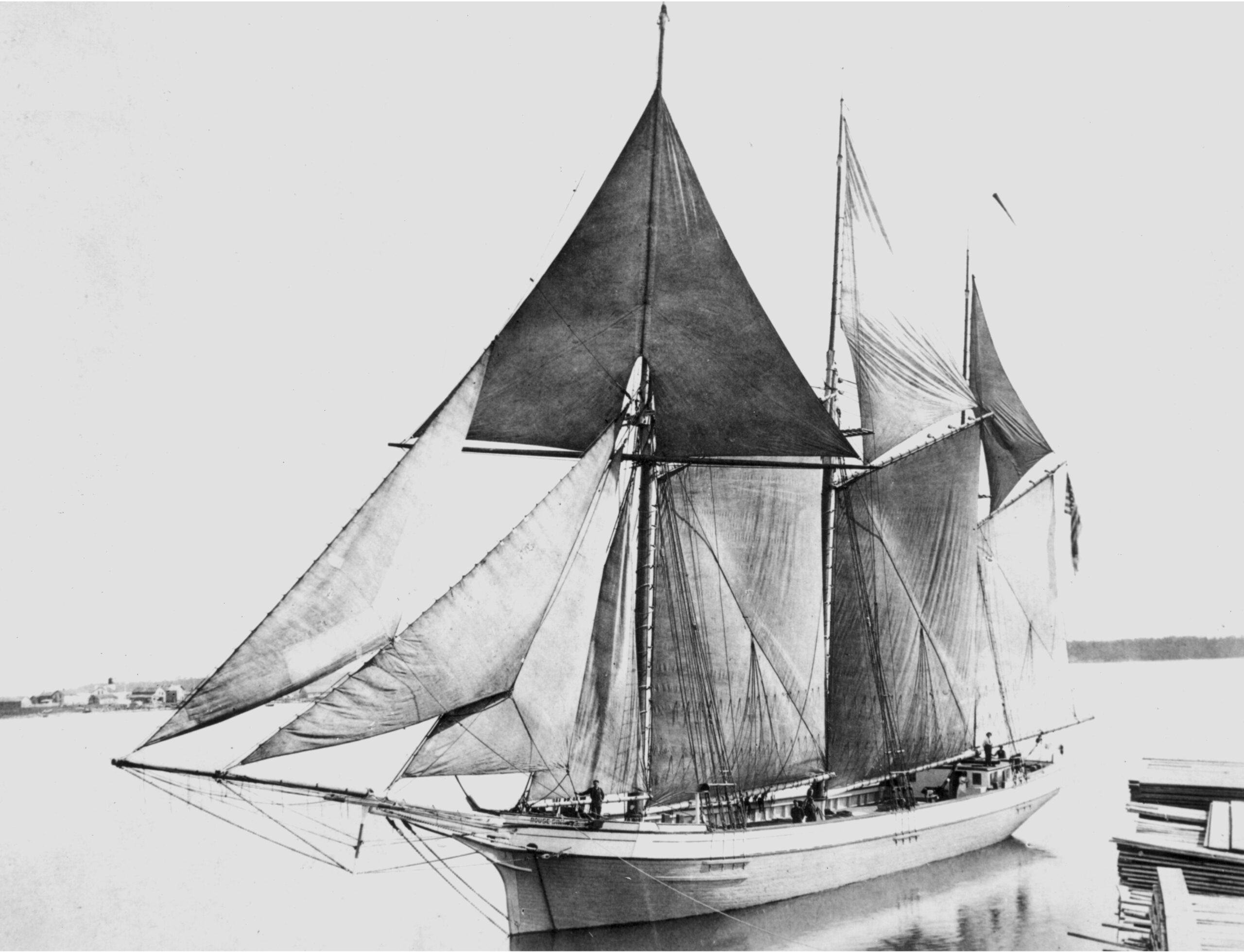 A black and white photo of a ship with sails: the Rouse Simmons
