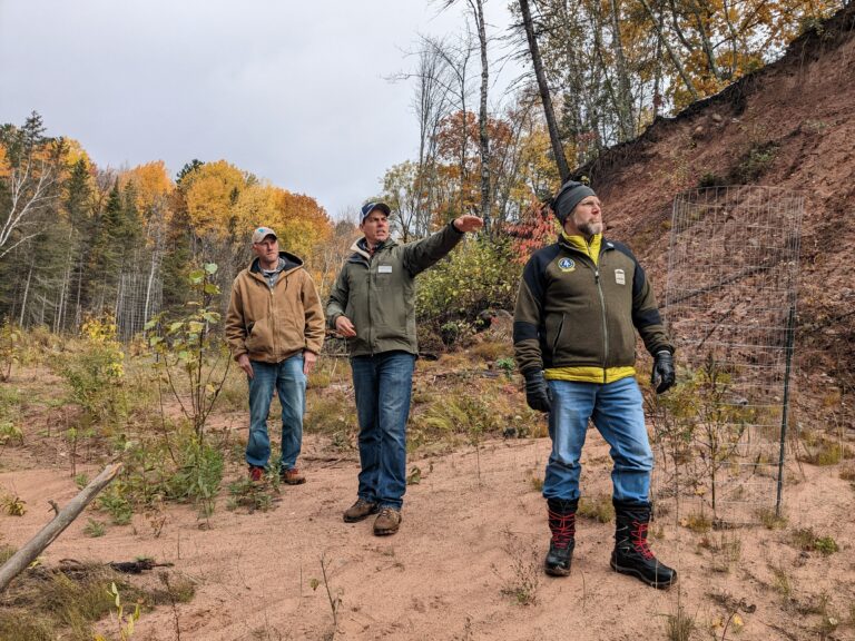 Members of the Lake Superior Climate Champions Program take a field trip to an eroded area in northern Wisconsin. Pictured left to right are Dave Sletten, Matt Hudson and Tony Janisch. Image credit: Karina Heim, Lake Superior Reserve
