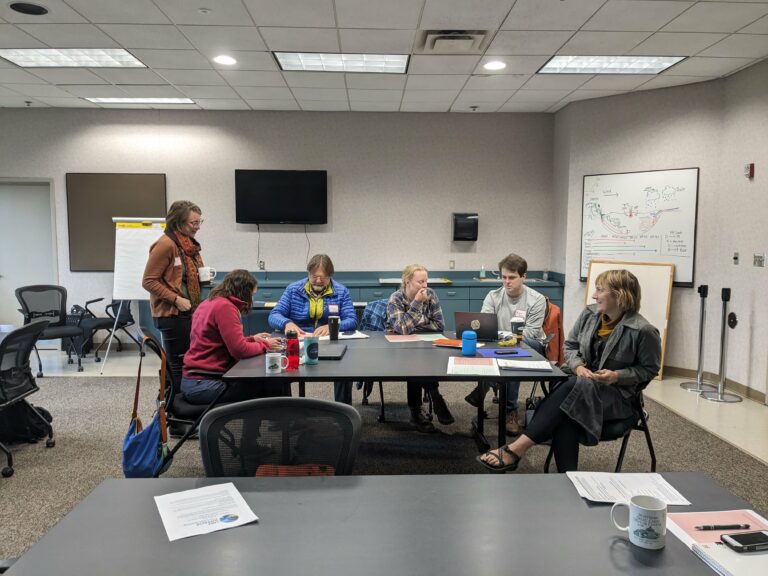 Members of the Washburn/Ashland Climate Champions team attend a coastal resilience adaptation workshop organized by the Northern Institute of Applied Climate Science. Pictured left to right are Danielle Shannon, Sara Hudson, Tony Janisch, Bree Schabert, Matias Valero and Jessica Jacobson. Image credit: Karina Heim, Lake Superior Reserve