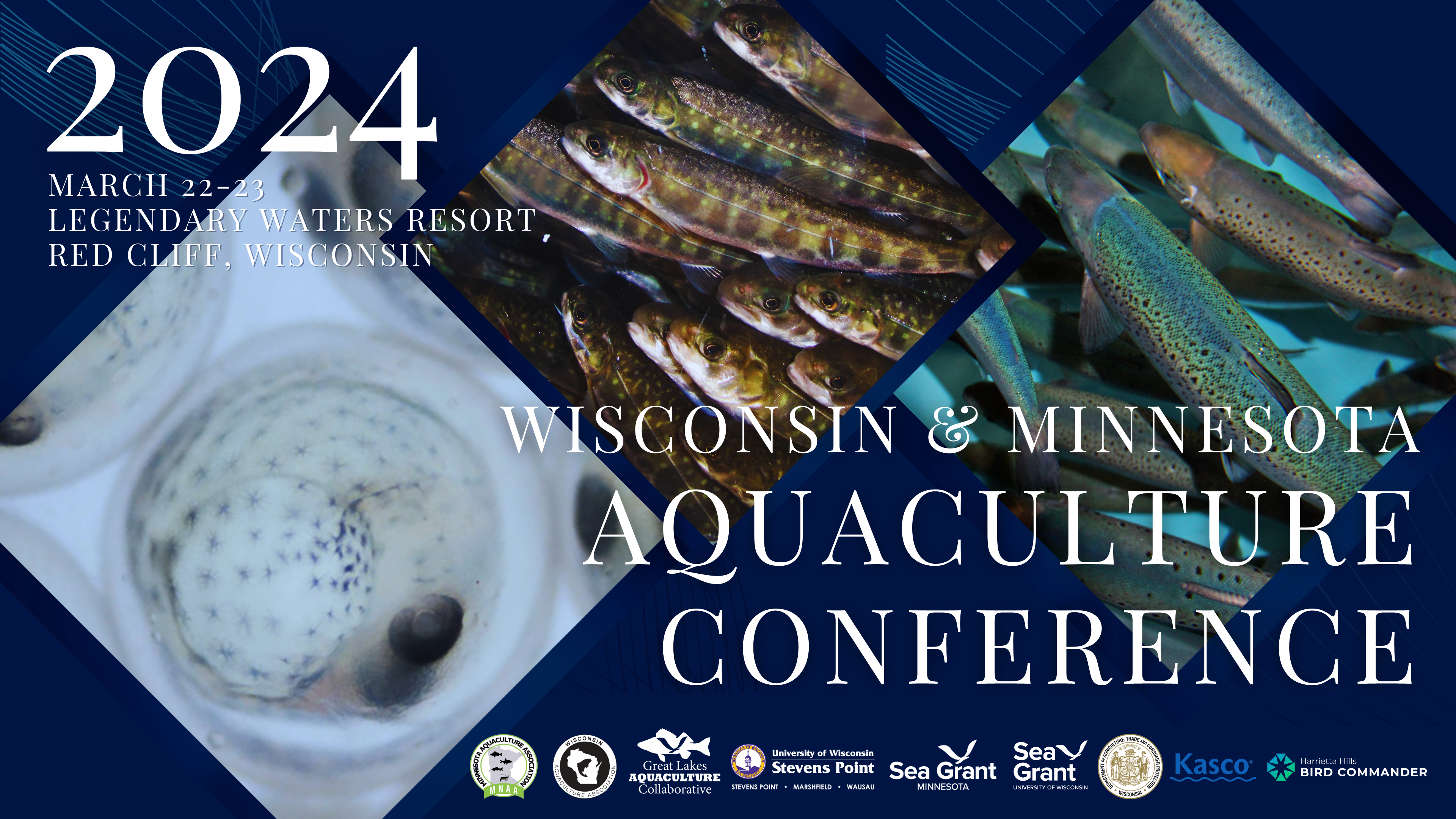 a graphic announcing the Wisconsin and Minnesota Aquaculture conference on March 22-23