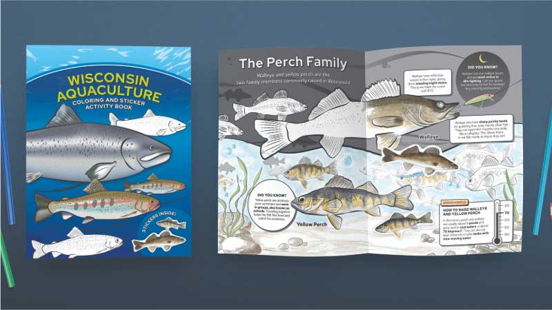 Wisconsin Aquaculture Coloring and Sticker Activity Book cover and interior pages