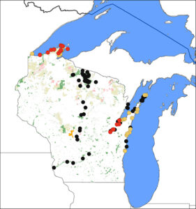 Wisconsin map showing sampling locations throughout the state since 2011.