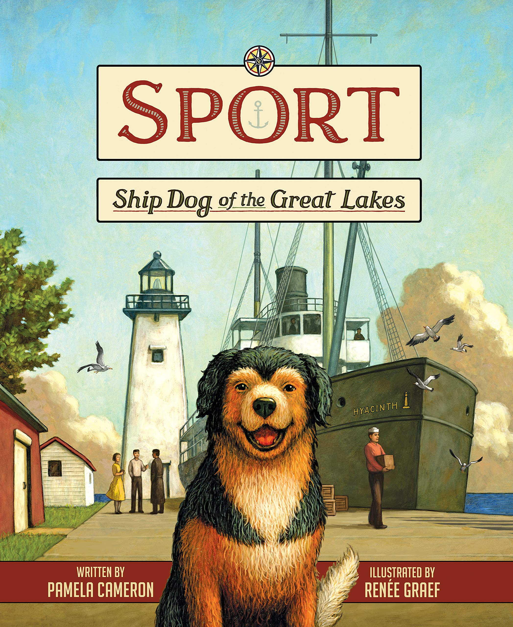 Cover of Sport -Ship Dog of the Great Lakes, which features an illustrated brown and black dog standing on a pier in front of a lighthouse and boat